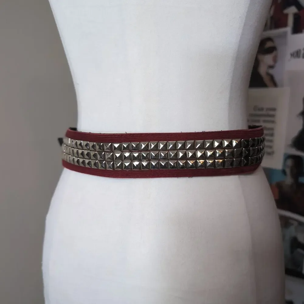 Studded Corduroy Belt With Round Buckle